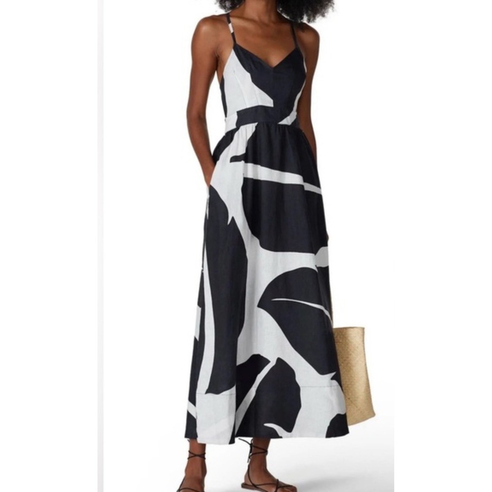The Odells Women Black White‎ Abstract Leaf Print Linen Maxi Dress XL Open Back
